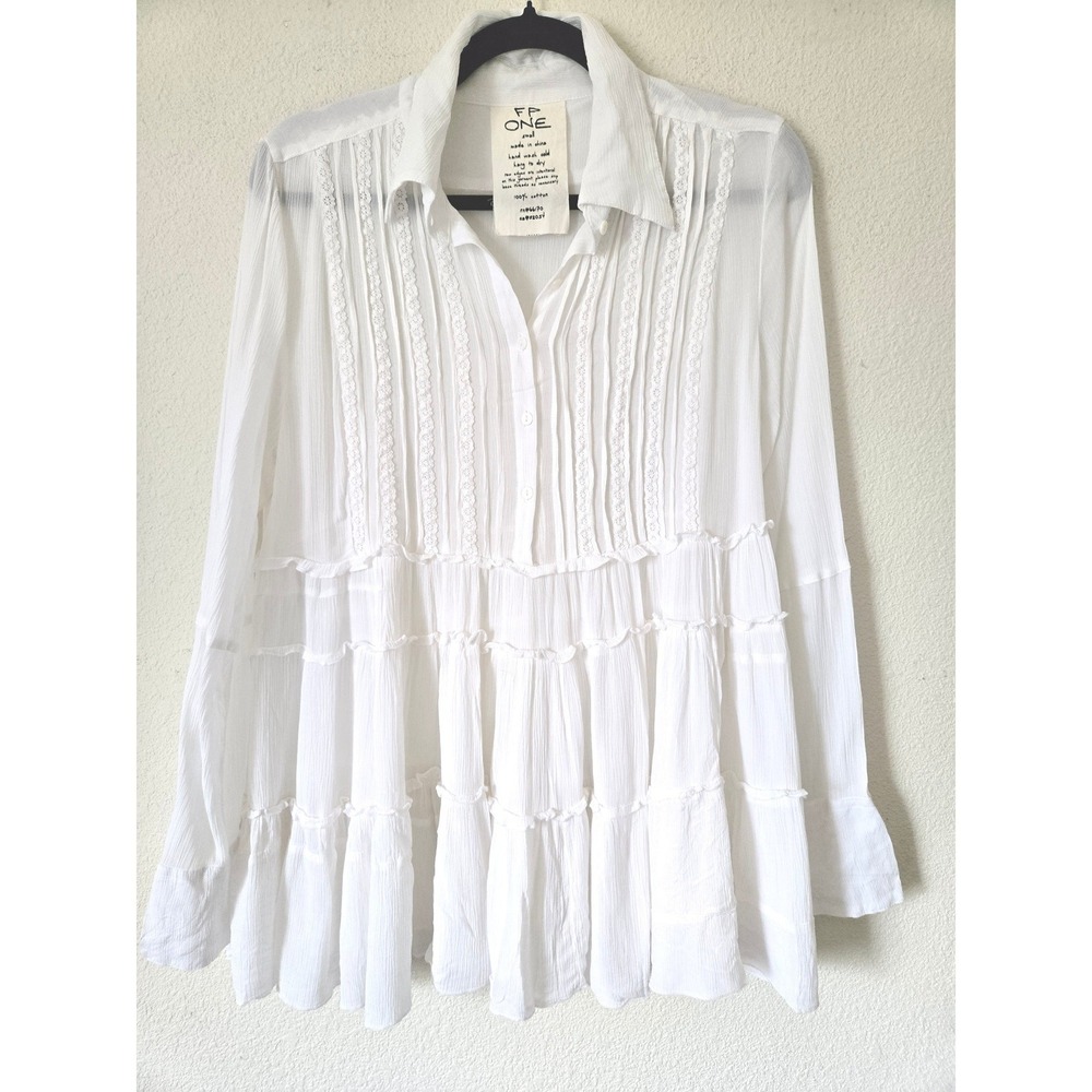 Free People One White Cotton Gauze Lace Tiered Babydoll Tunic Top Small - Picture 8 of 8